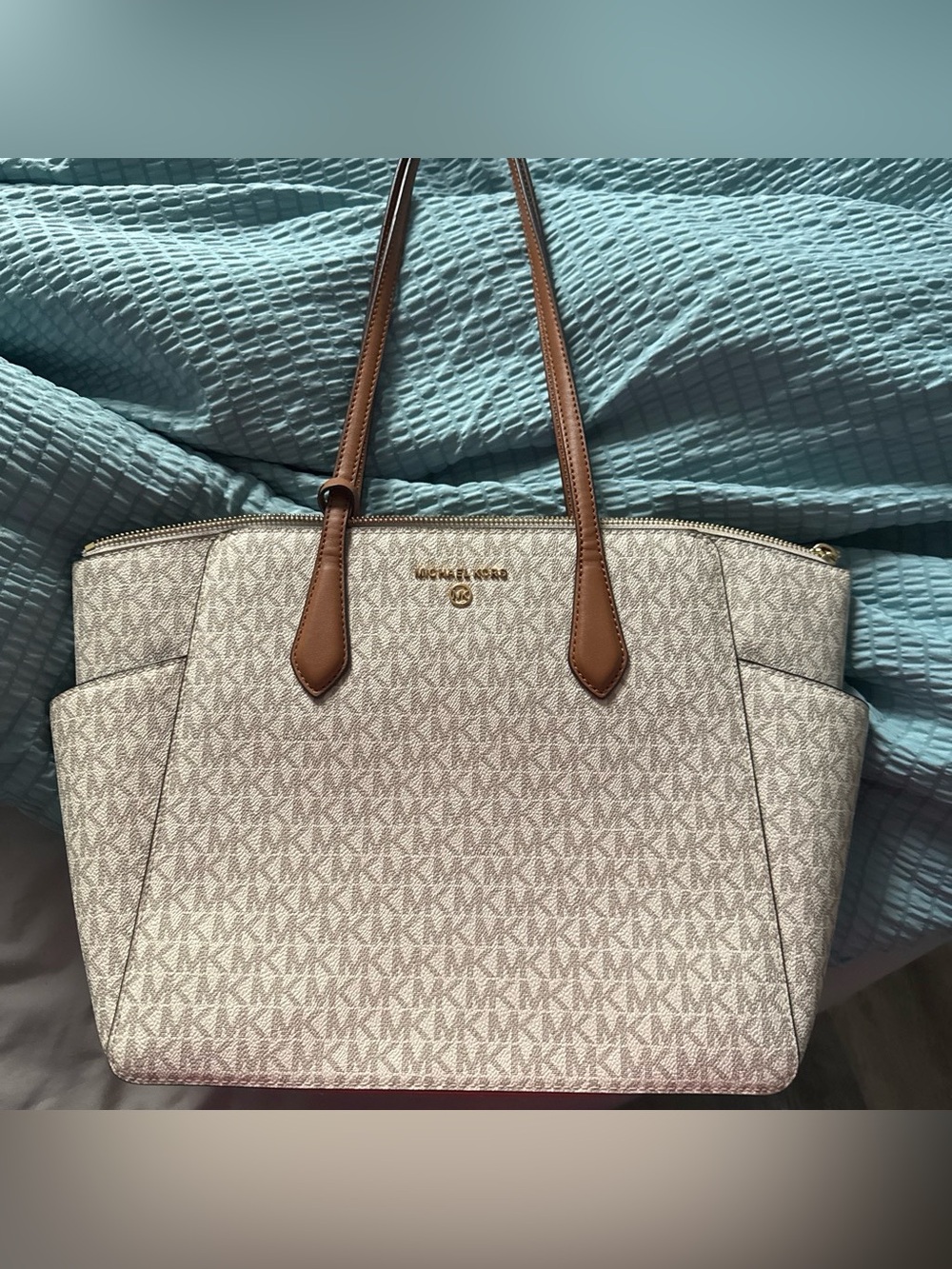 Michael Kors Beige MK Signature Tote with Brown Leather Straps